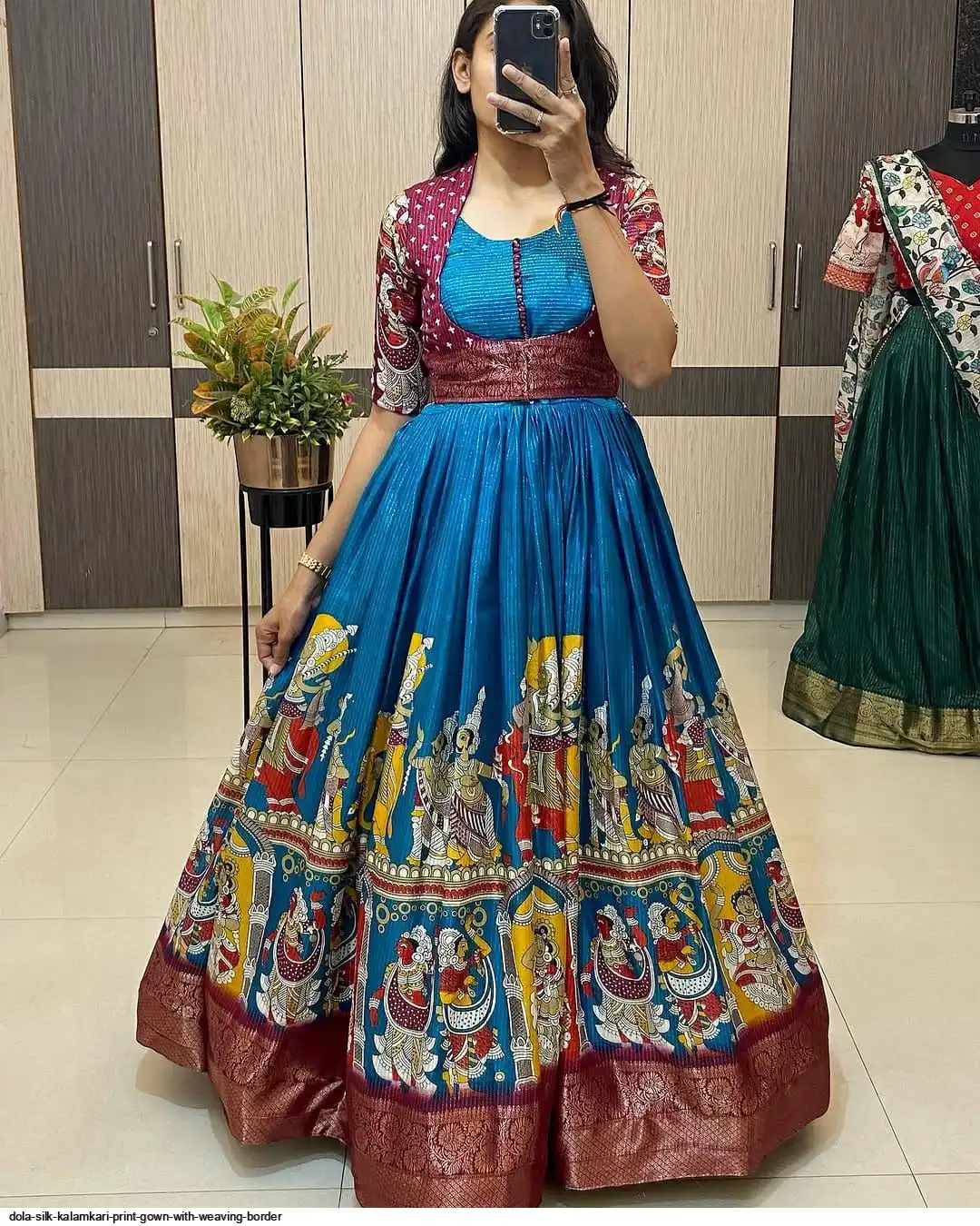 DOLA SILK KALAMKARI PRINT GOWN WITH WEAVING BORDER F