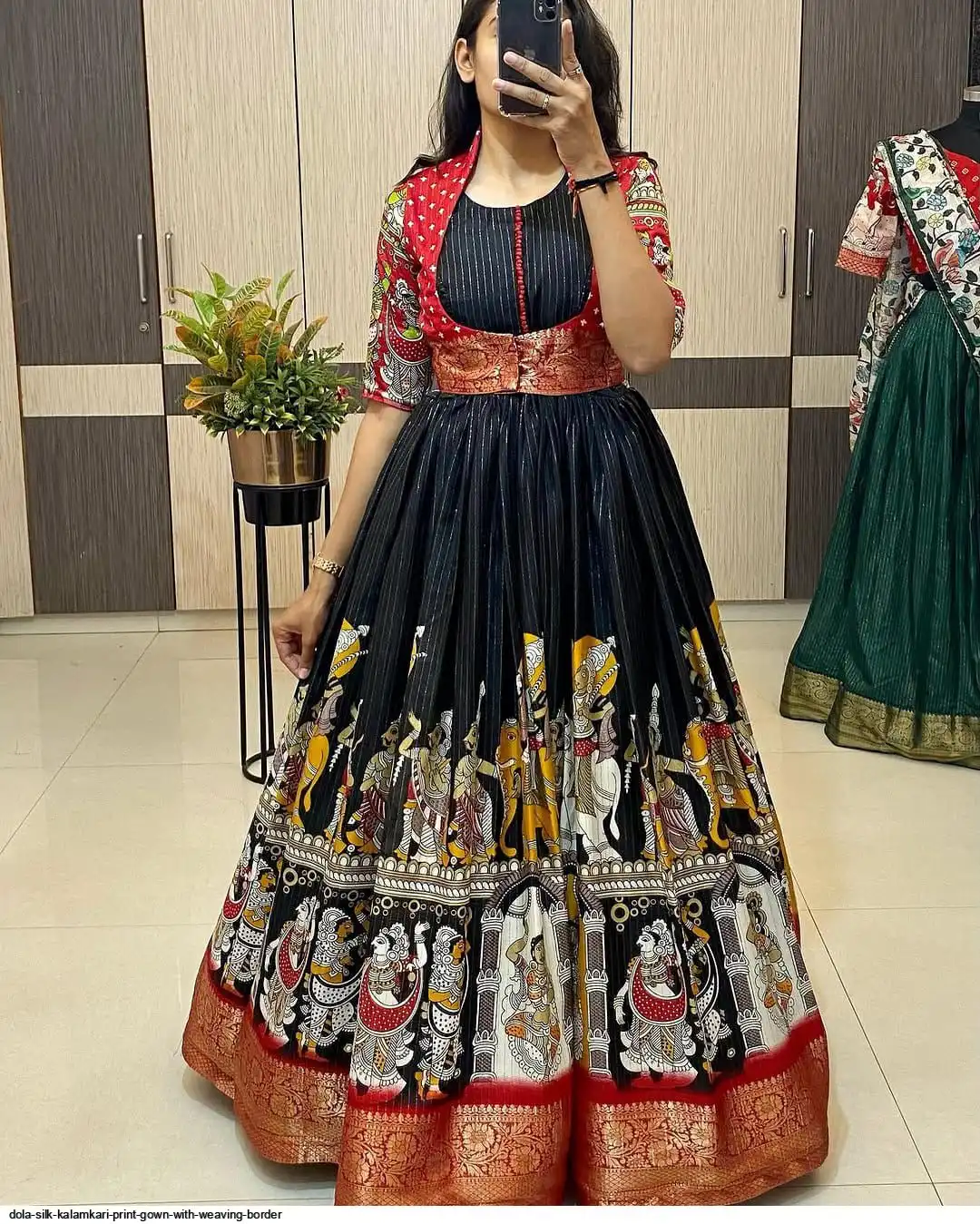 DOLA SILK KALAMKARI PRINT GOWN WITH WEAVING BORDER B