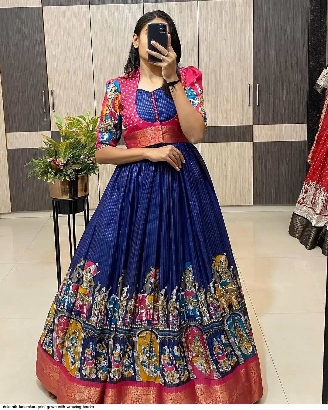 DOLA SILK KALAMKARI PRINT GOWN WITH WEAVING BORDER D