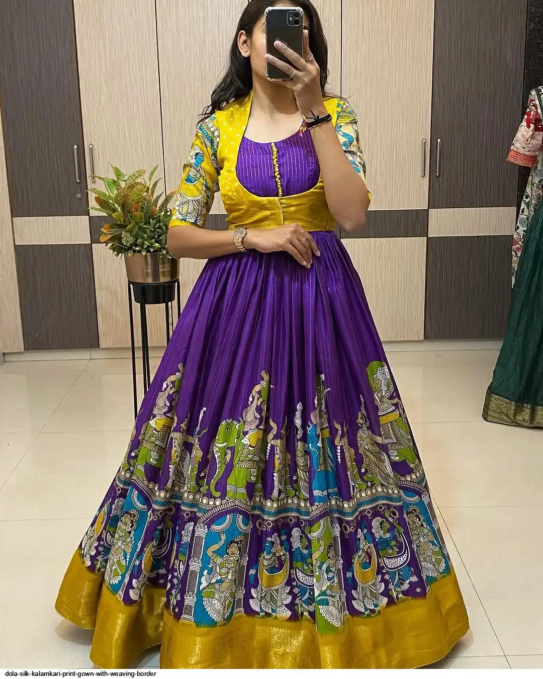DOLA SILK KALAMKARI PRINT GOWN WITH WEAVING BORDER A