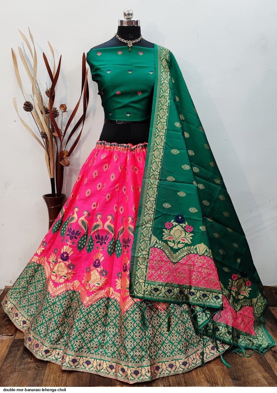 Magenta Pink & Turquoise Dyed Semi Stitched Banarasi Lehenga Choli Set –  Chhabra 555