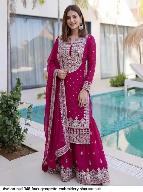 DVD ON PAL1346 FAUX GEORGETTE EMBROIDERY SHARARA SUIT D