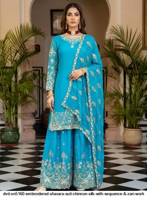 DVD ON5160 EMBROIDERED SHARARA SUIT CHINNON SILK WITH SEQUENCE ZARI WORK A