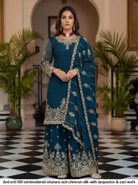DVD ON5160 EMBROIDERED SHARARA SUIT CHINNON SILK WITH SEQUENCE ZARI WORK C