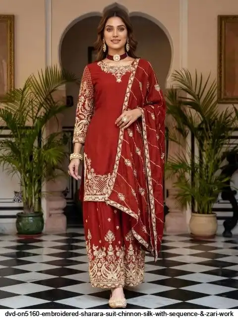 DVD ON5160 EMBROIDERED SHARARA SUIT CHINNON SILK WITH SEQUENCE ZARI WORK D