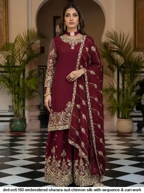 DVD ON5160 EMBROIDERED SHARARA SUIT CHINNON SILK WITH SEQUENCE ZARI WORK B
