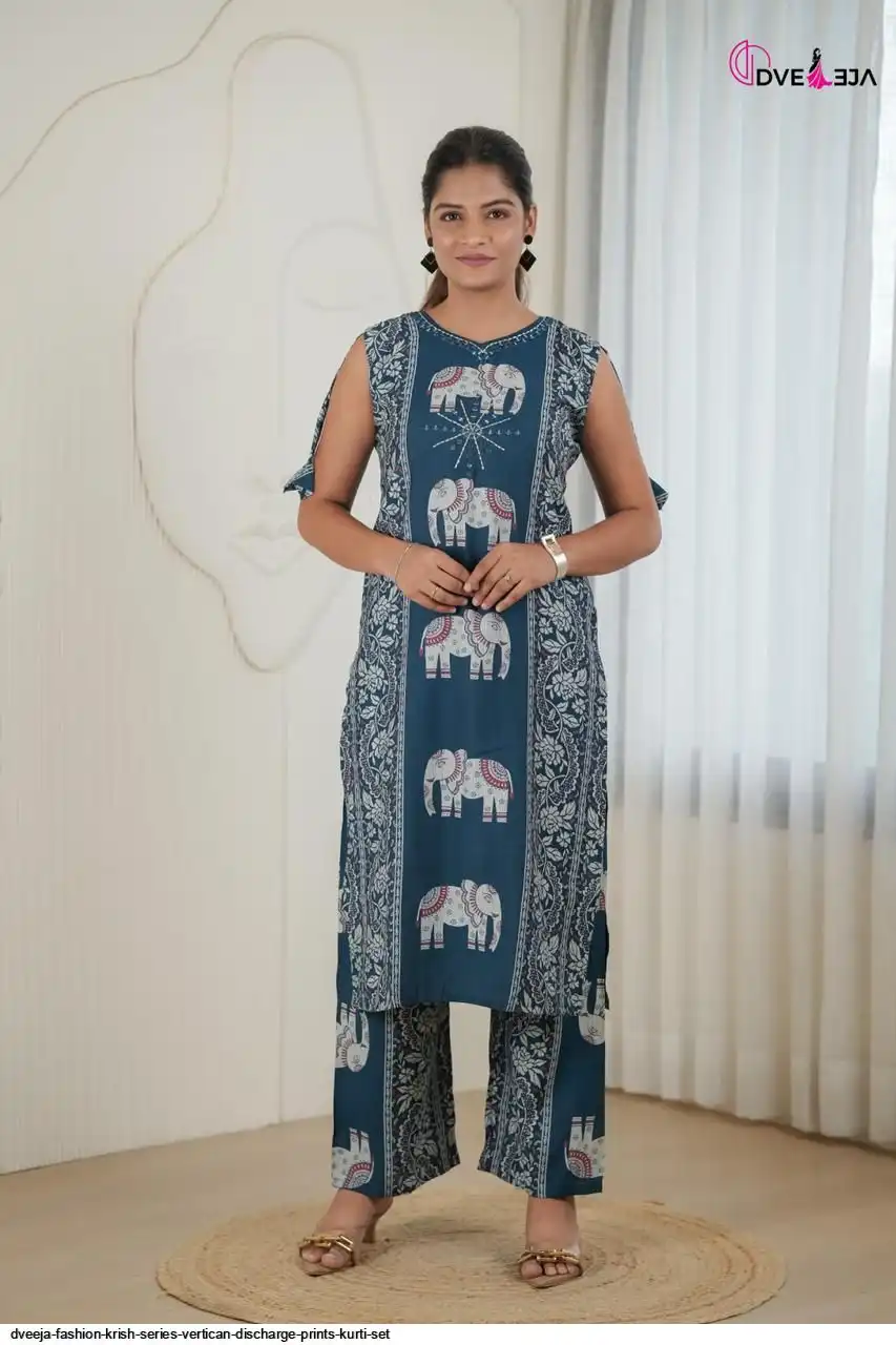 DVEEJA FASHION KRISH SERIES VERTICAN DISCHARGE PRINTS KURTI SET D