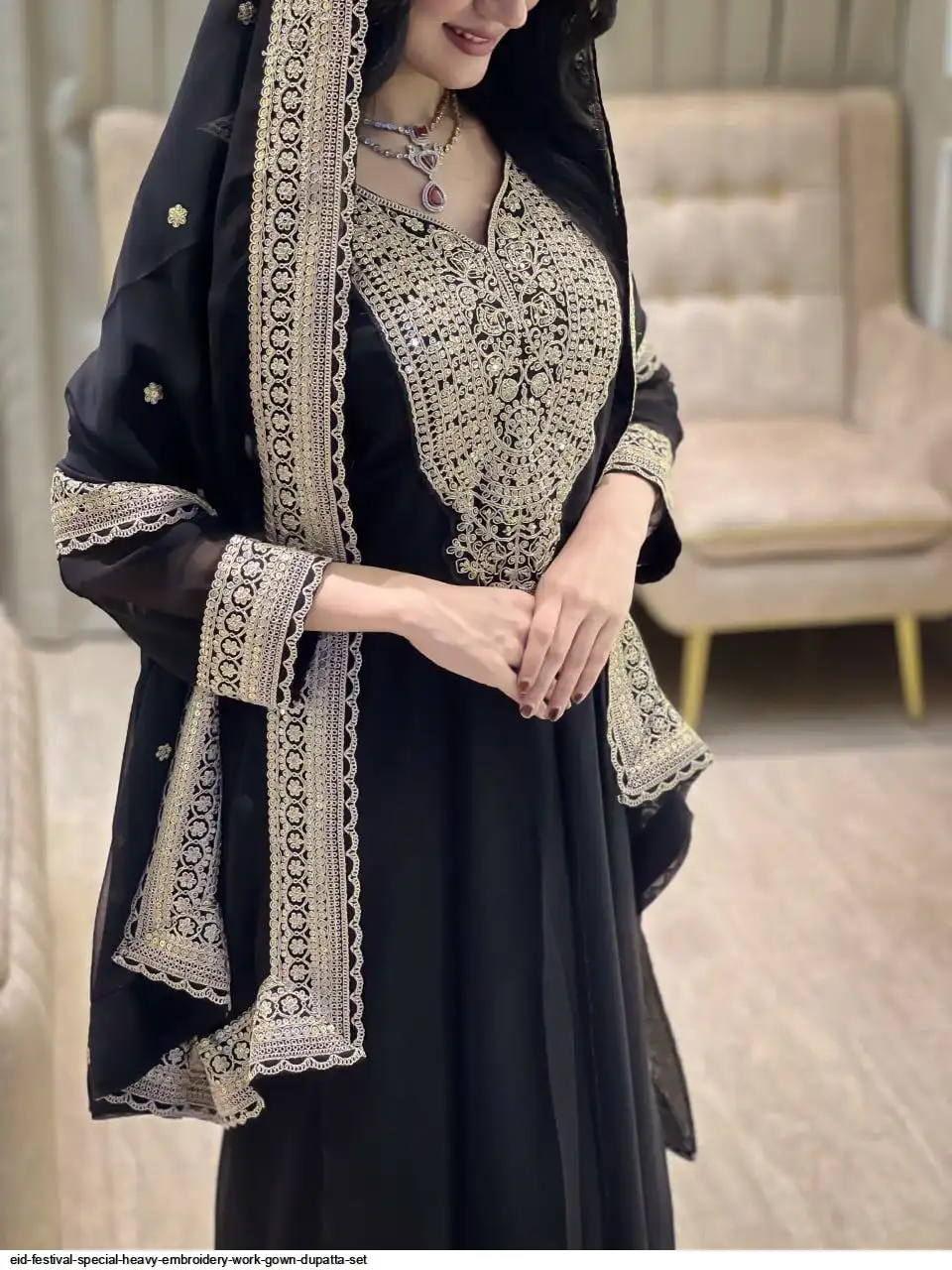 Eid Festival Special Heavy Embroidery Work Gown Dupatta Set