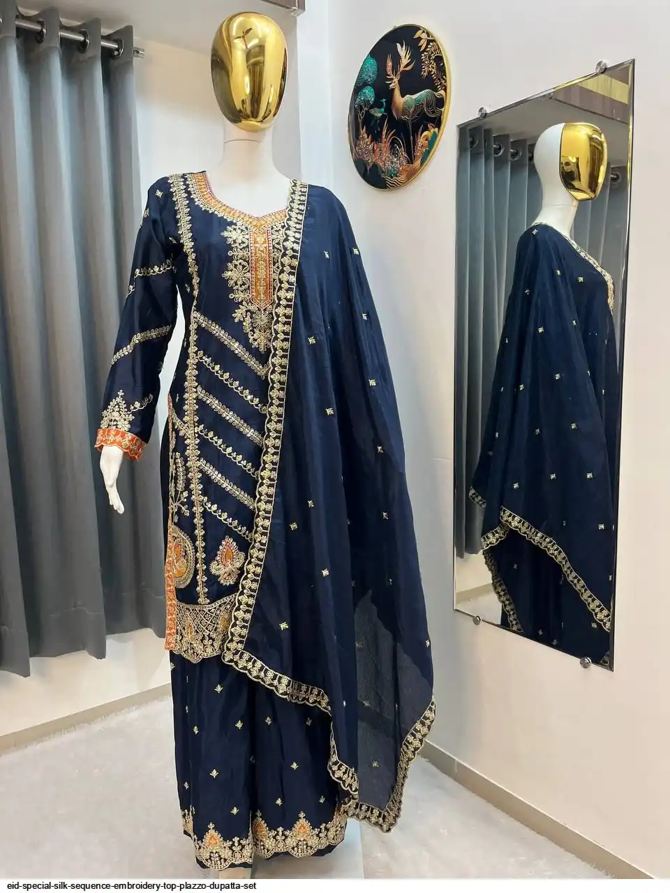 EID SPECIAL SILK SEQUENCE EMBROIDERY TOP PLAZZO DUPATTA SET 1