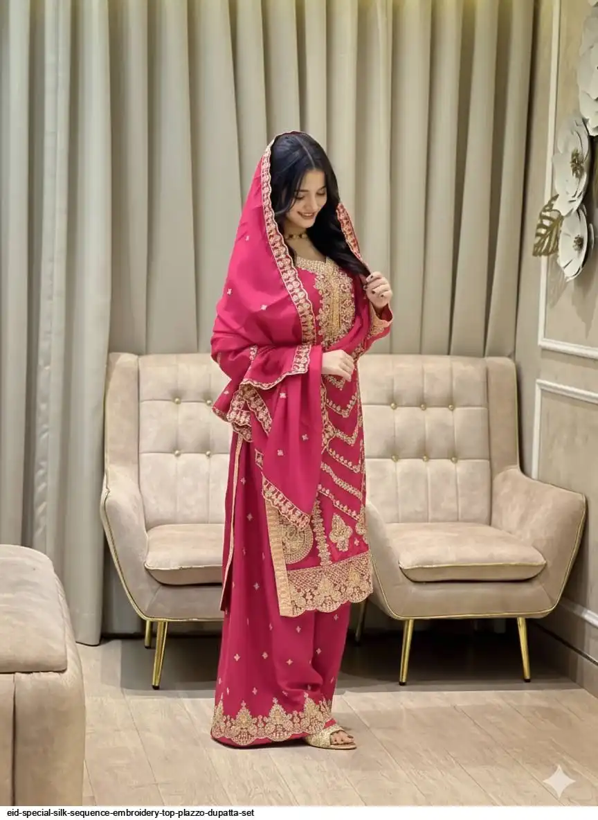EID SPECIAL SILK SEQUENCE EMBROIDERY TOP PLAZZO DUPATTA SET 2