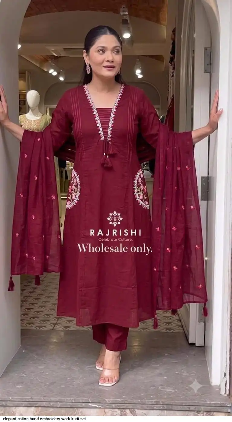 ELEGANT COTTON HAND EMBROIDERY WORK KURTI SET A