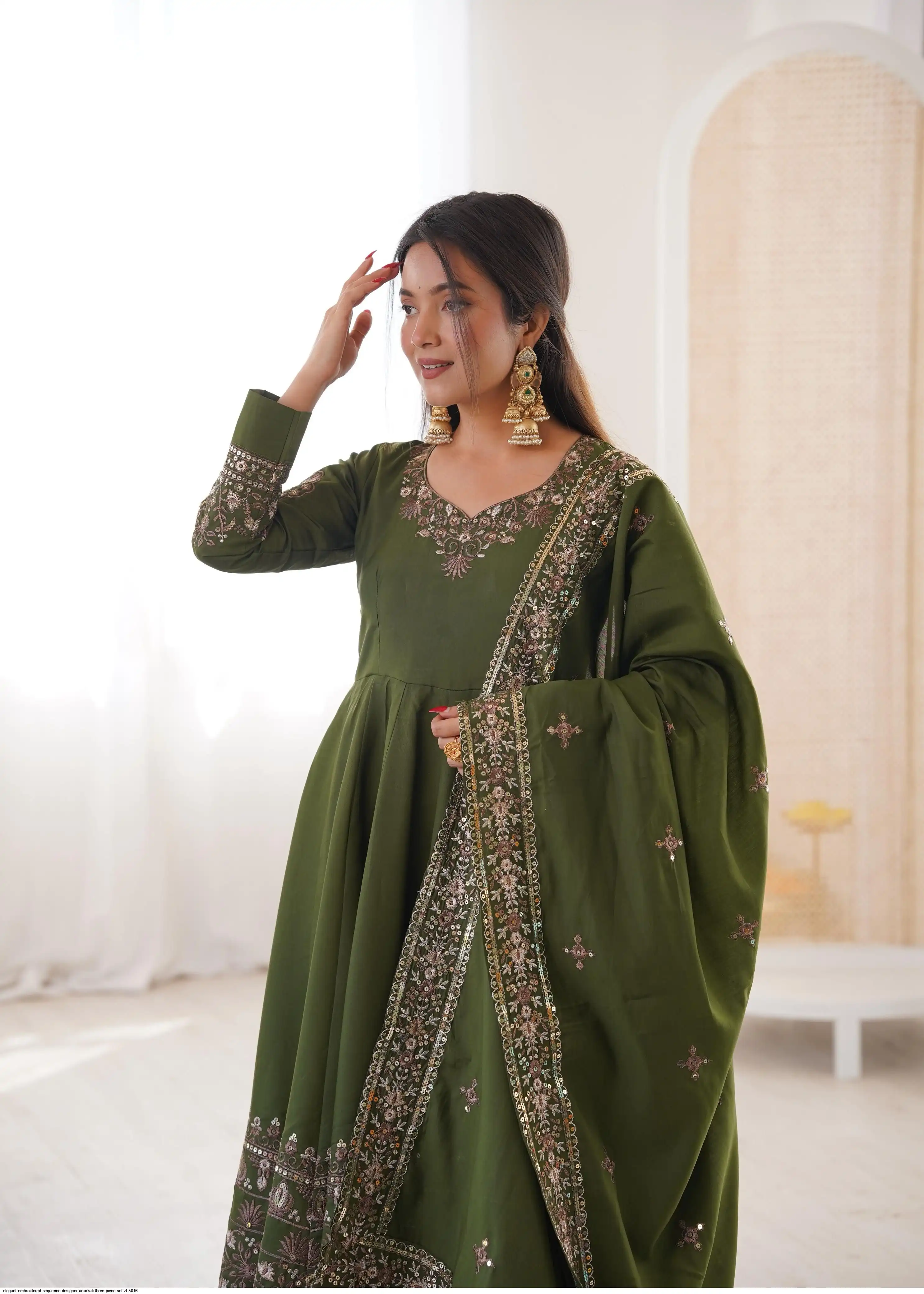 ELEGANT EMBROIDERED SEQUENCE DESIGNER ANARKALI THREE PIECE SET ZF 5016 C