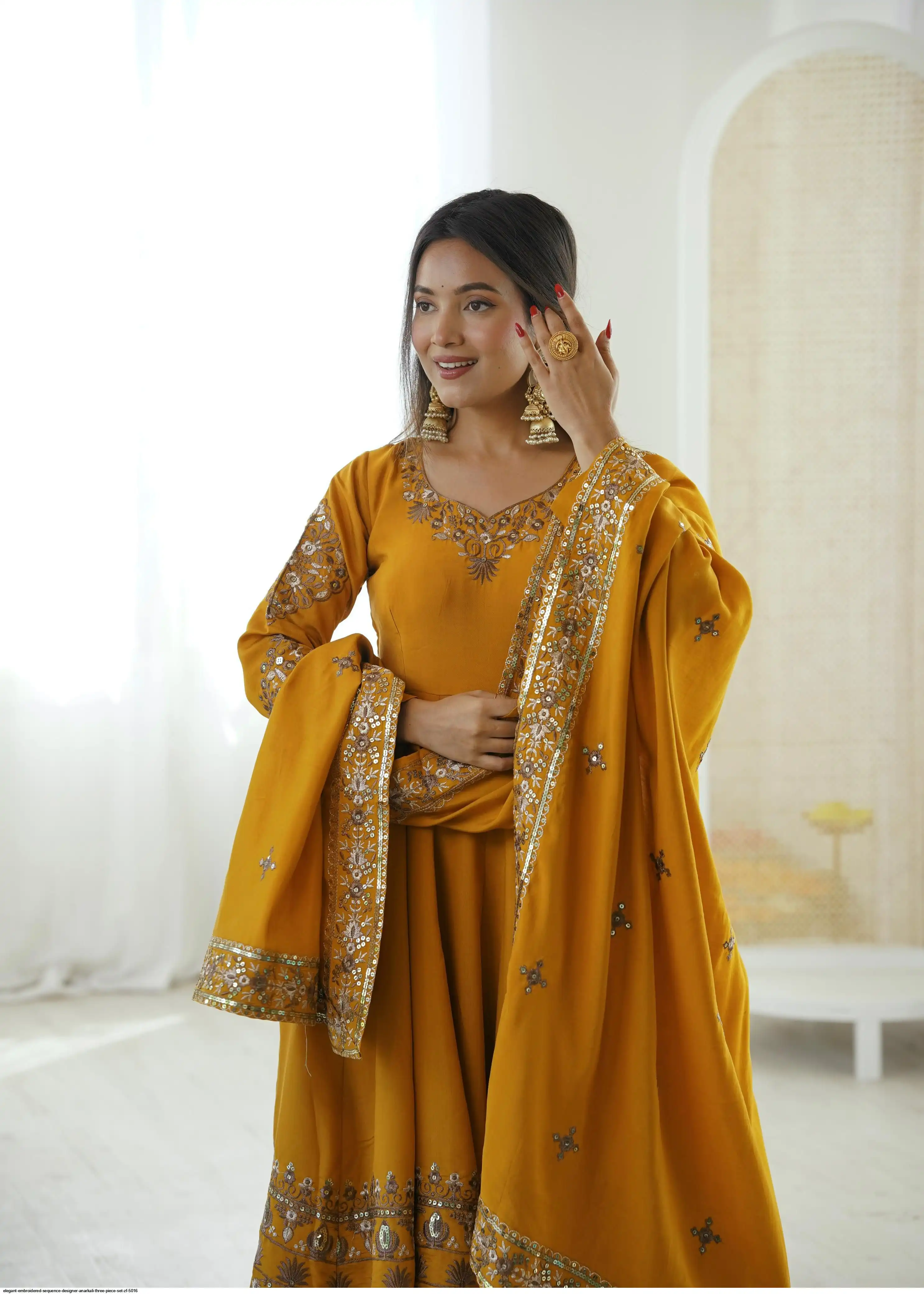 ELEGANT EMBROIDERED SEQUENCE DESIGNER ANARKALI THREE PIECE SET ZF 5016 D