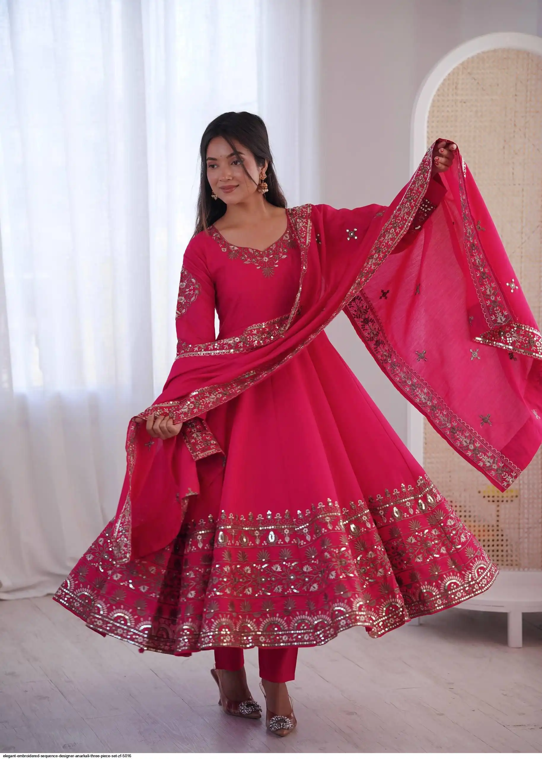 ELEGANT EMBROIDERED SEQUENCE DESIGNER ANARKALI THREE PIECE SET ZF 5016 E