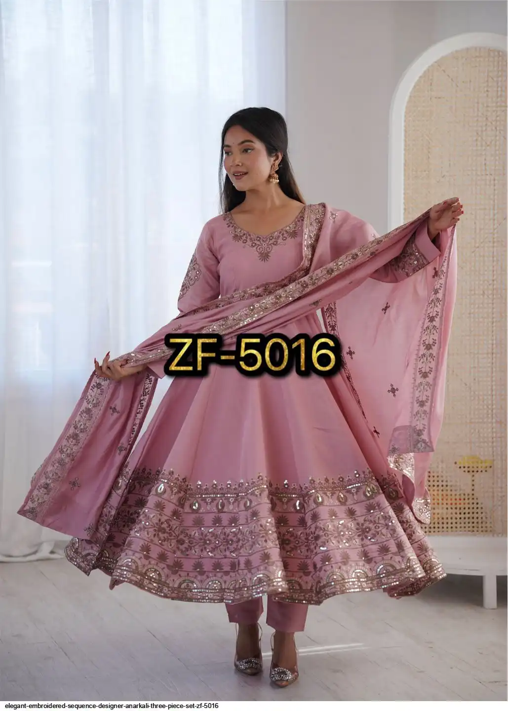 ELEGANT EMBROIDERED SEQUENCE DESIGNER ANARKALI THREE PIECE SET ZF 5016 G