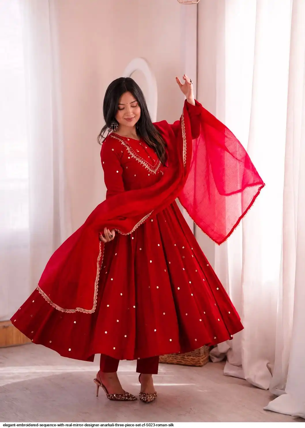 ELEGANT EMBROIDERED SEQUENCE WITH REAL MIRROR DESIGNER ANARKALI THREE PIECE SET ZF 5023 ROMAN SILK A