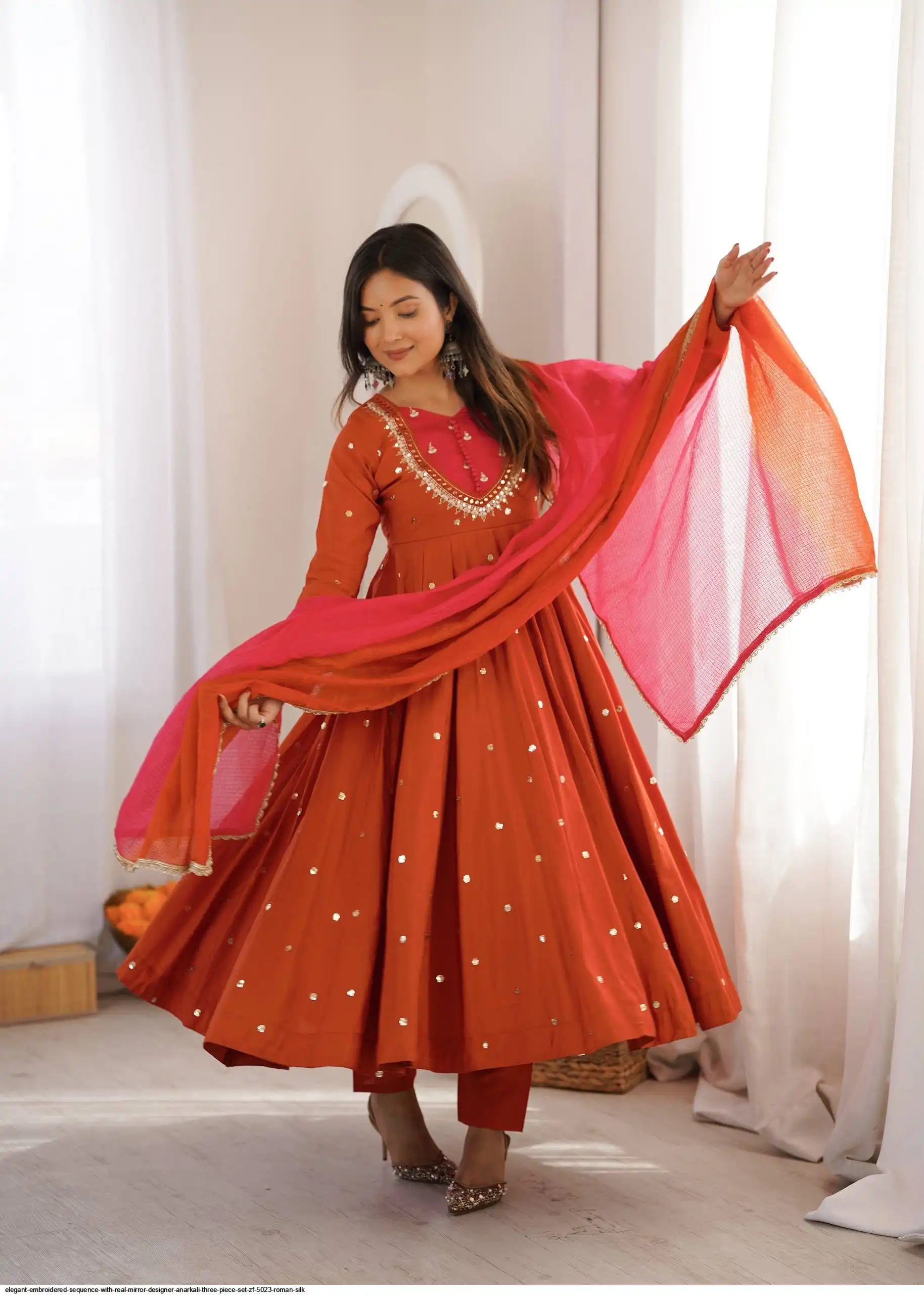 ELEGANT EMBROIDERED SEQUENCE WITH REAL MIRROR DESIGNER ANARKALI THREE PIECE SET ZF 5023 ROMAN SILK B