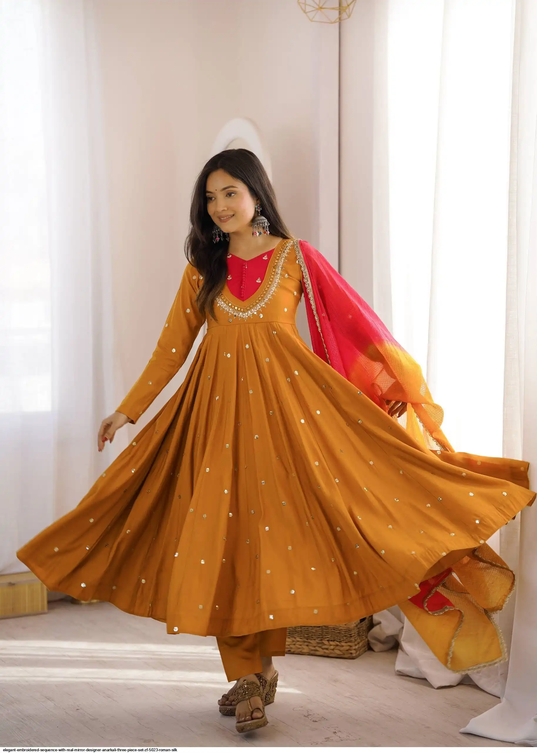 ELEGANT EMBROIDERED SEQUENCE WITH REAL MIRROR DESIGNER ANARKALI THREE PIECE SET ZF 5023 ROMAN SILK C