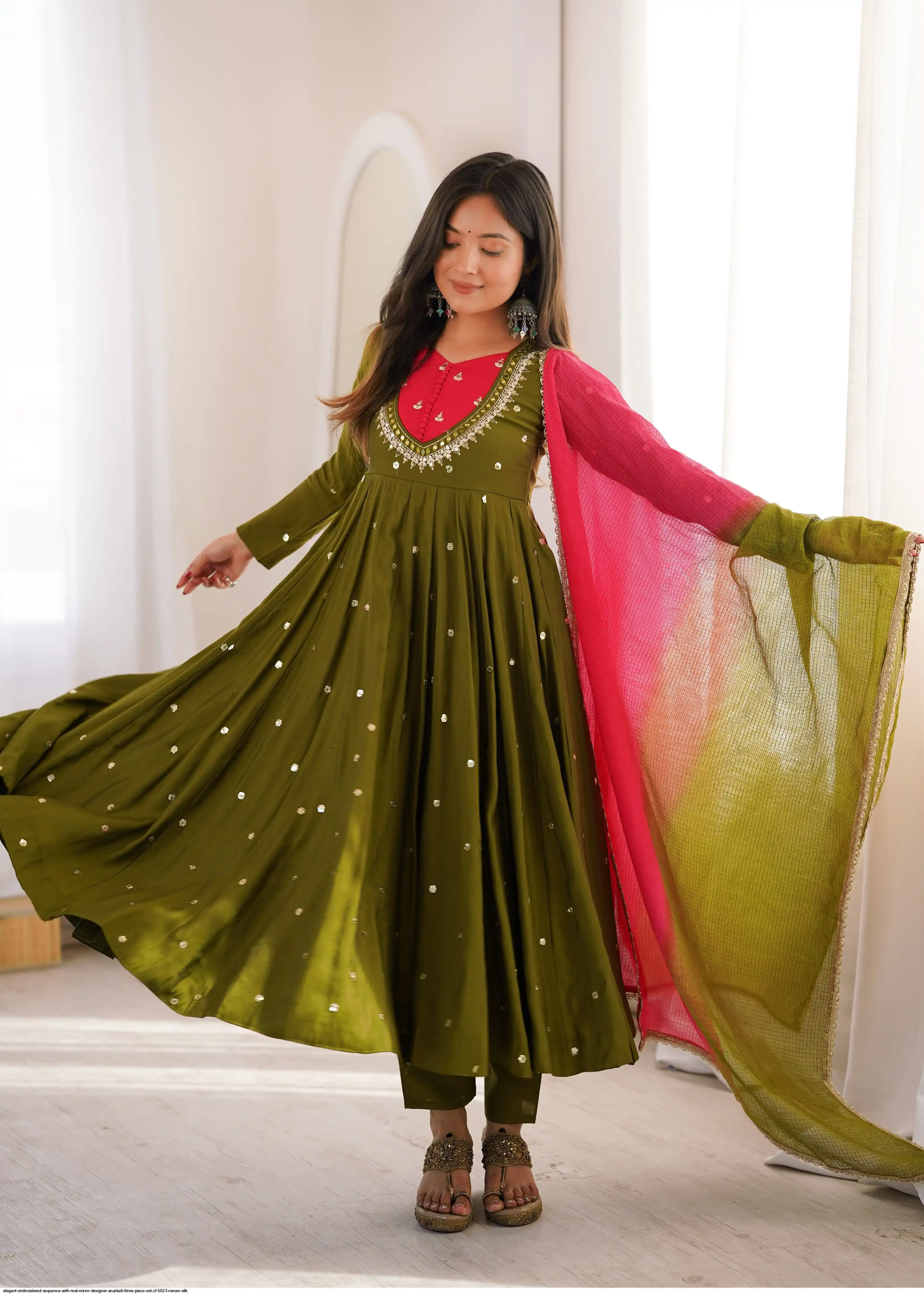 ELEGANT EMBROIDERED SEQUENCE WITH REAL MIRROR DESIGNER ANARKALI THREE PIECE SET ZF 5023 ROMAN SILK D