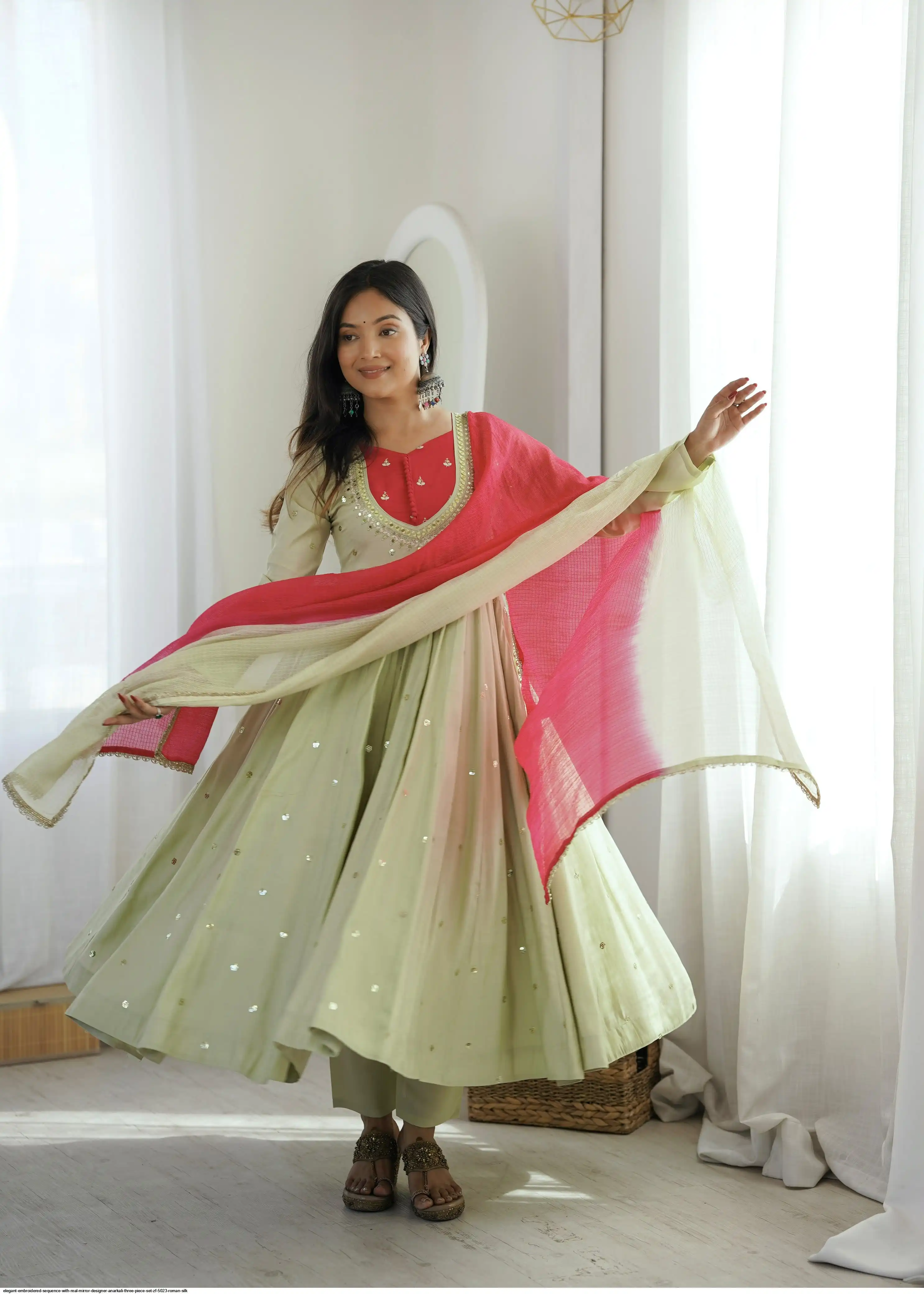 ELEGANT EMBROIDERED SEQUENCE WITH REAL MIRROR DESIGNER ANARKALI THREE PIECE SET ZF 5023 ROMAN SILK E