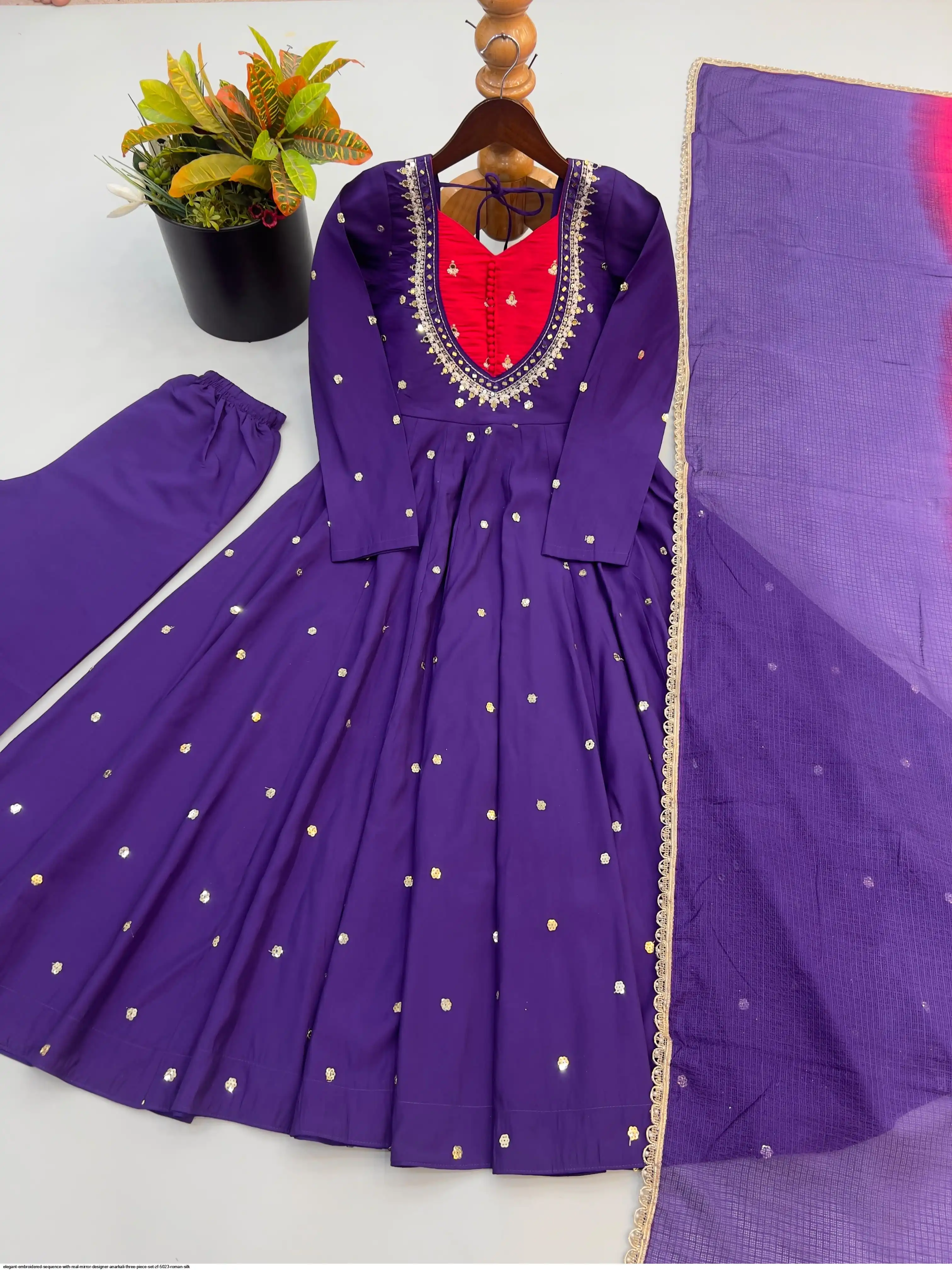 ELEGANT EMBROIDERED SEQUENCE WITH REAL MIRROR DESIGNER ANARKALI THREE PIECE SET ZF 5023 ROMAN SILK F