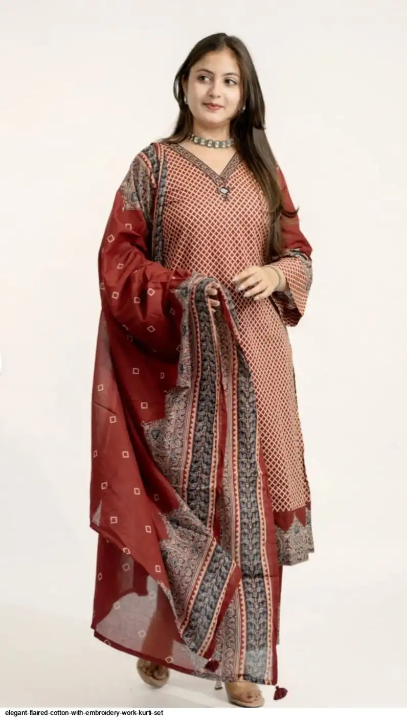 ELEGANT FLAIRED COTTON WITH EMBROIDERY WORK KURTI SET A