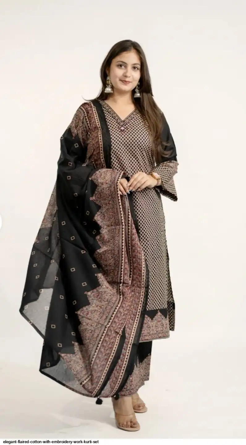 ELEGANT FLAIRED COTTON WITH EMBROIDERY WORK KURTI SET B