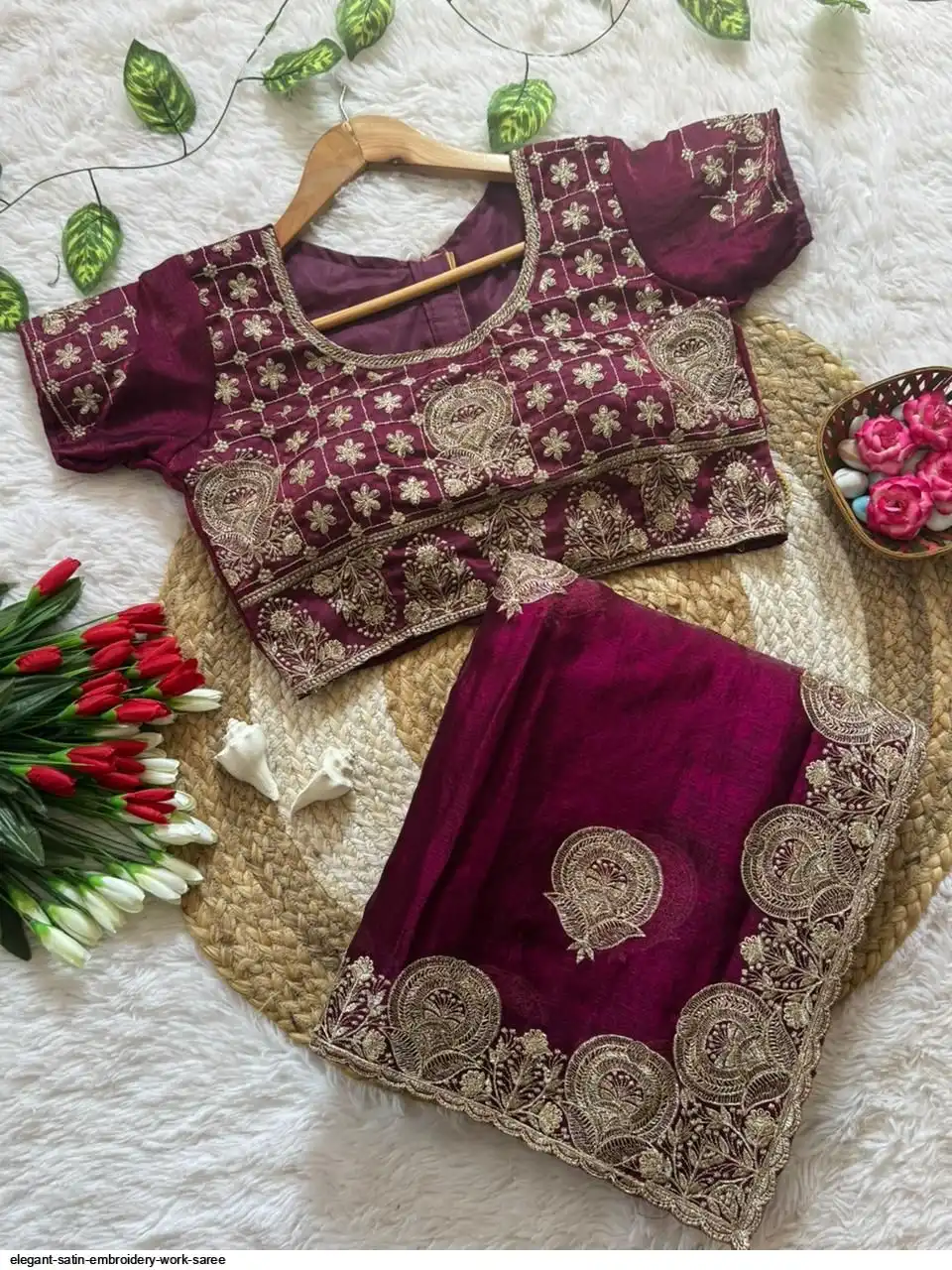 ELEGANT SATIN EMBROIDERY WORK SAREE A