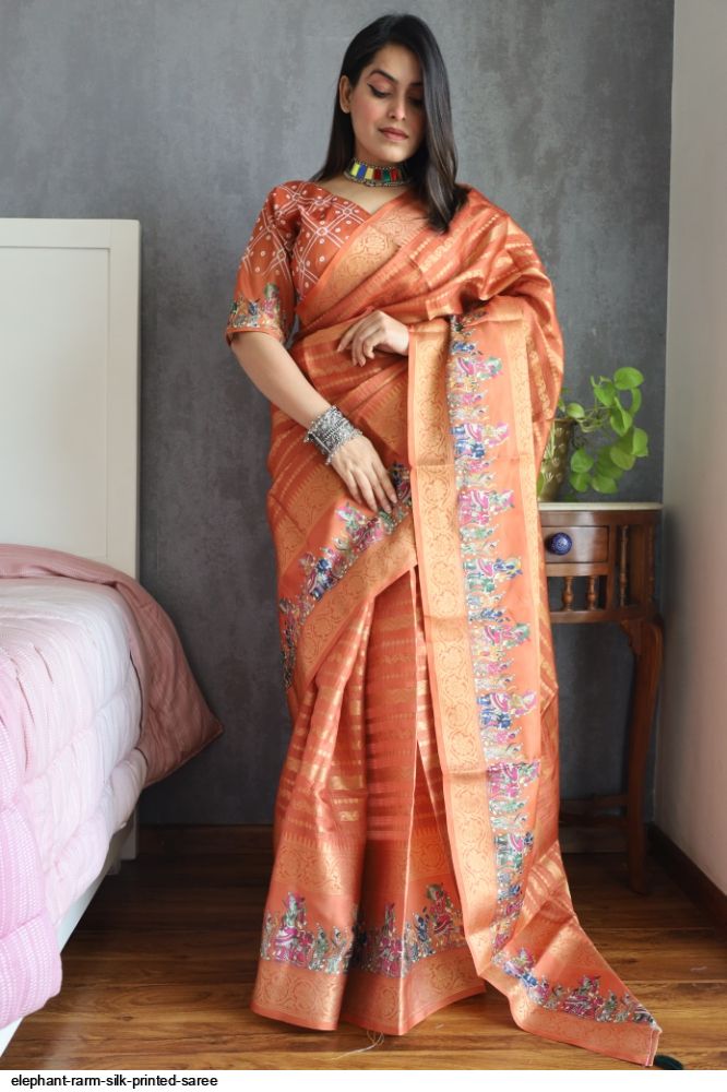 Buy Ethnic White Colour Saree | Golden Elephant Print | Red Colour Border |  Silk Blend | Contrast Blouse | Colour Option Available at Amazon.in