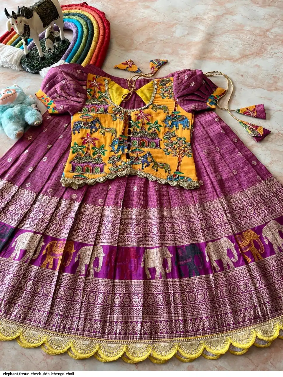 ELEPHANT TISSUE CHECK KIDS LEHENGA CHOLI A