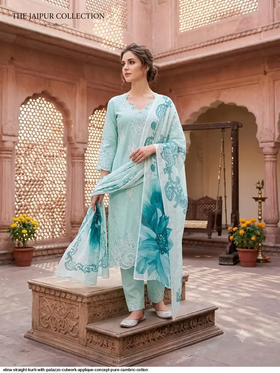 ELINA STRAIGHT KURTI SET CUTWORK APPLIQUE CONCEPT PURE CAMBRIC COTTON B