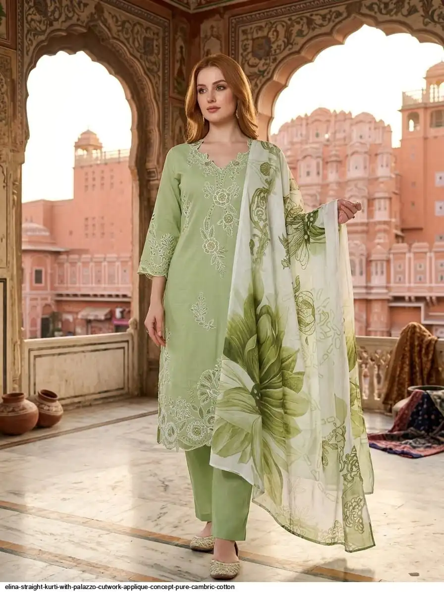 ELINA STRAIGHT KURTI SET CUTWORK APPLIQUE CONCEPT PURE CAMBRIC COTTON A