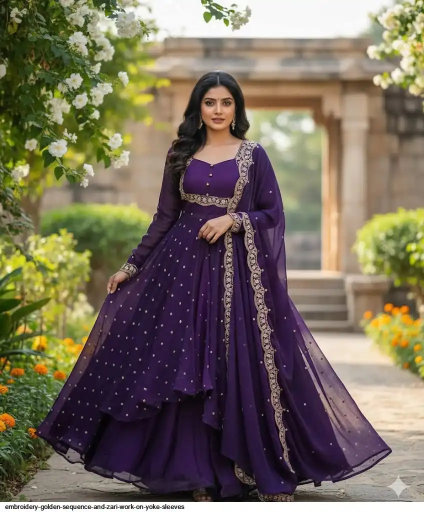 EMBROIDERY GOLDEN SEQUENCE AND ZARI WORK ON YOKE SLEEVES 2