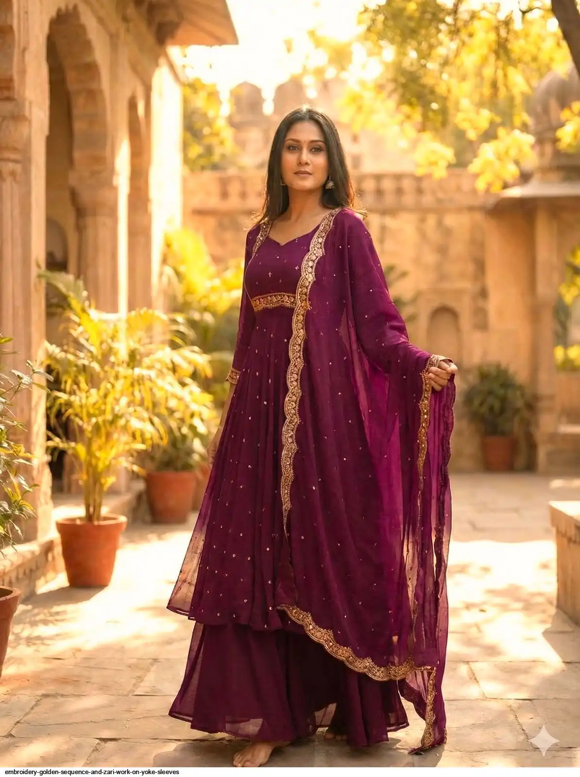 EMBROIDERY GOLDEN SEQUENCE AND ZARI WORK ON YOKE SLEEVES 1