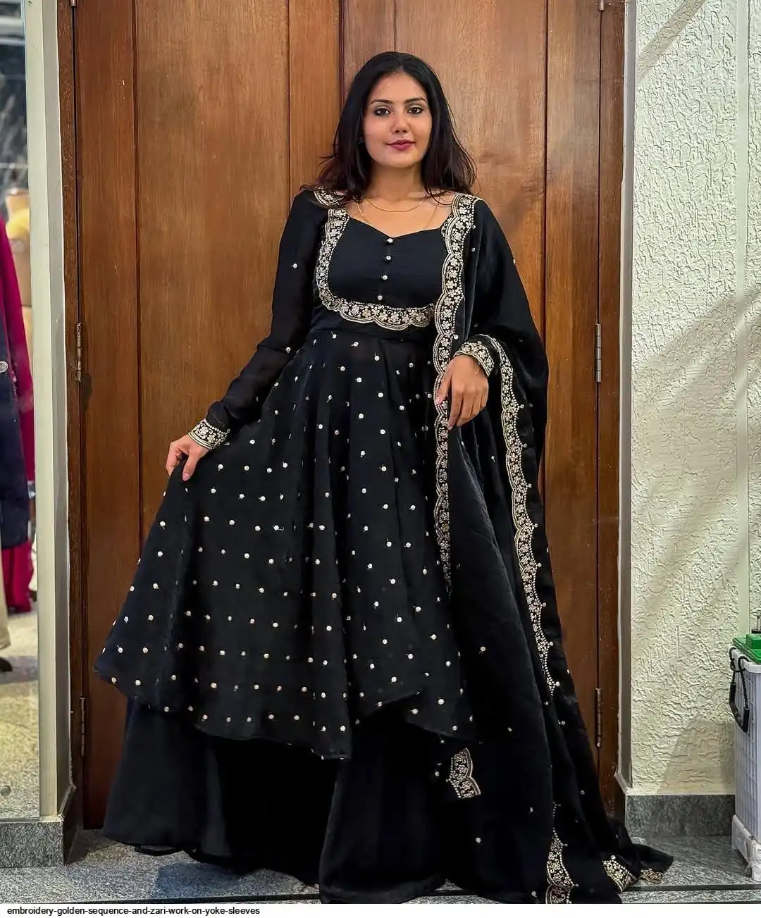 EMBROIDERY GOLDEN SEQUENCE AND ZARI WORK ON YOKE SLEEVES 3