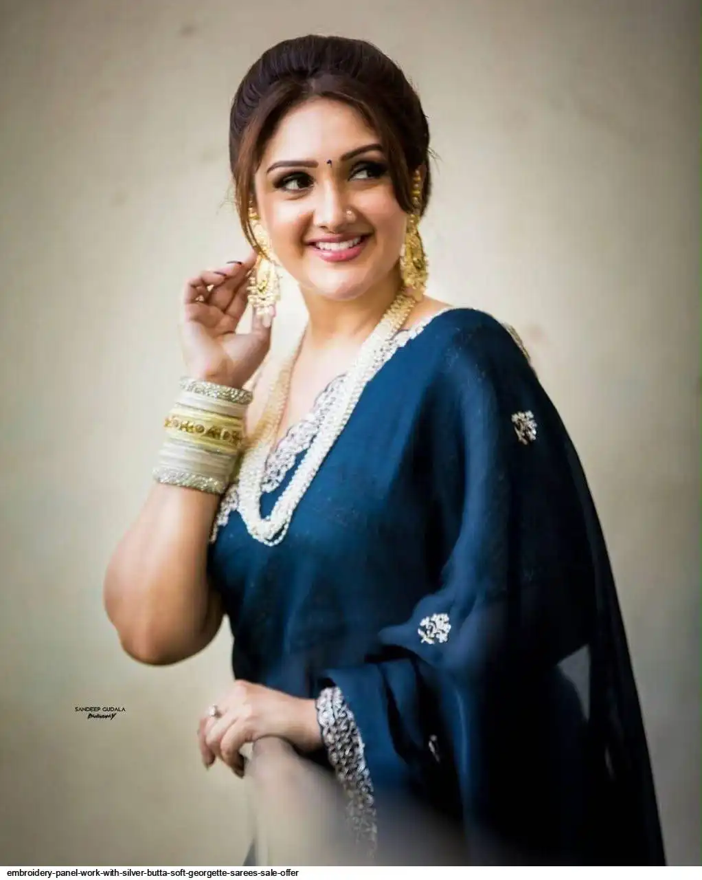 EMBROIDERY PANEL WORK WITH SILVER BUTTA SOFT GEORGETTE SAREES SALE OFFER