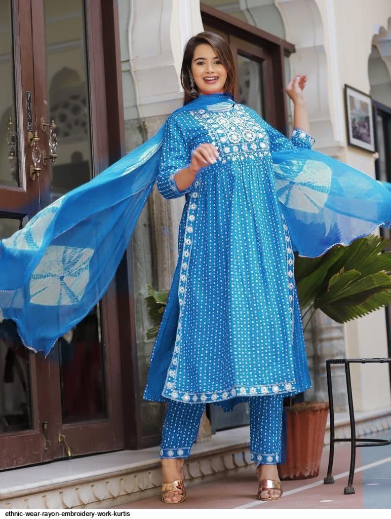 ETHNIC WEAR RAYON EMBROIDERY WORK KURTIS