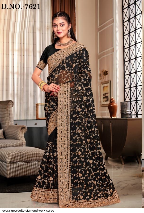 Pure Shiphone Saree With Embroidary Diamond Work