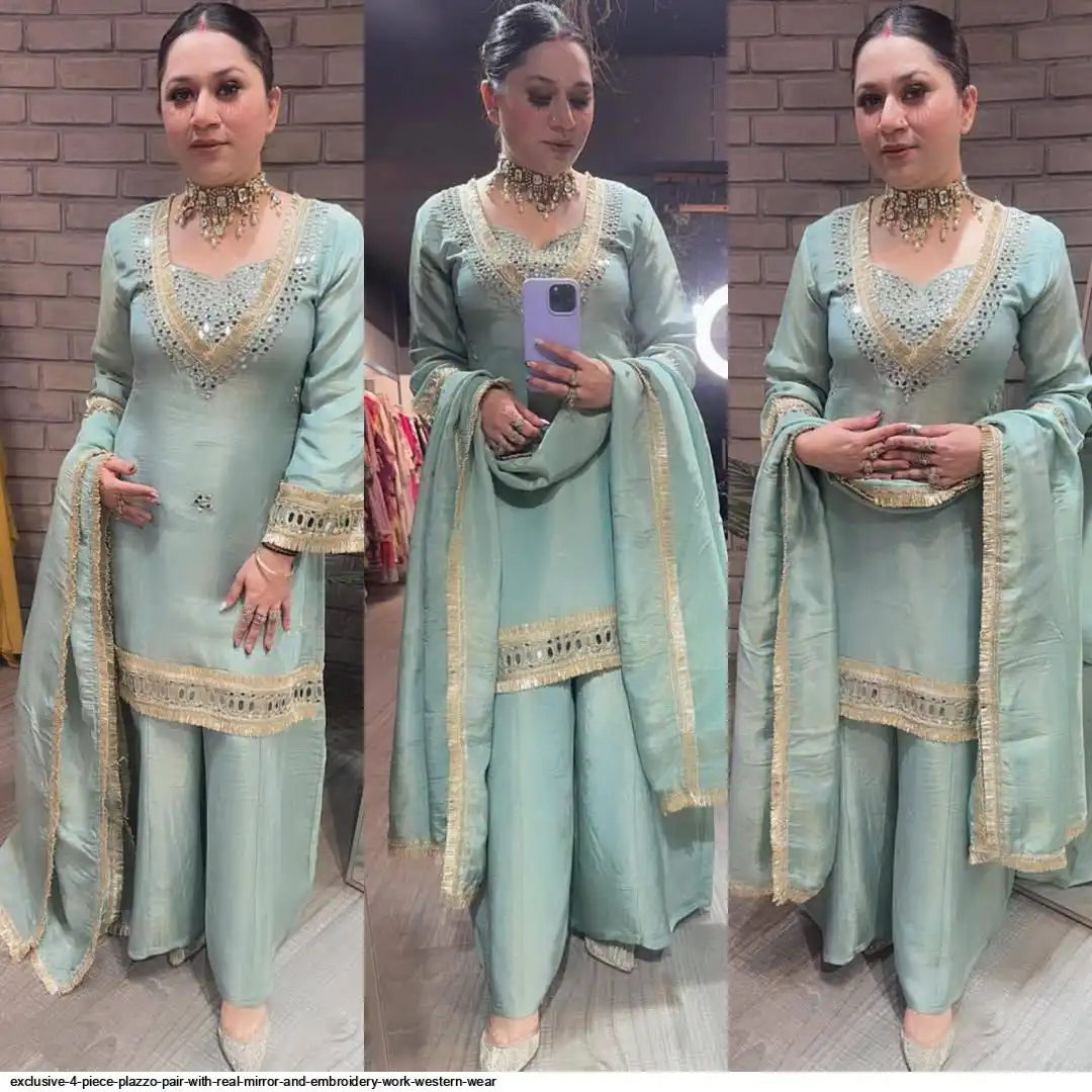 EXCLUSIVE 4 PIECE PLAZZO PAIR WITH REAL MIRROR AND EMBROIDERY WORK WESTERN WEAR 5