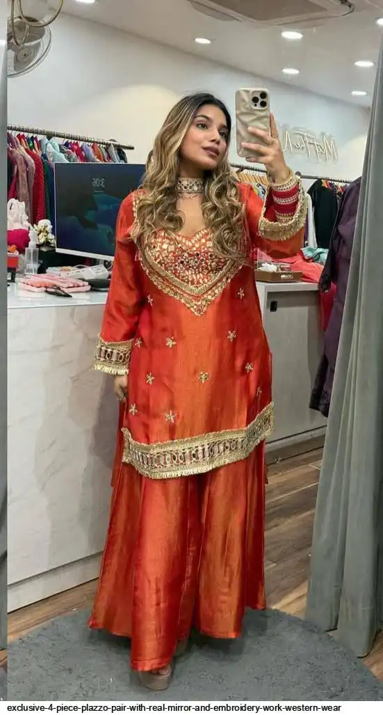 EXCLUSIVE 4 PIECE PLAZZO PAIR WITH REAL MIRROR AND EMBROIDERY WORK WESTERN WEAR 4
