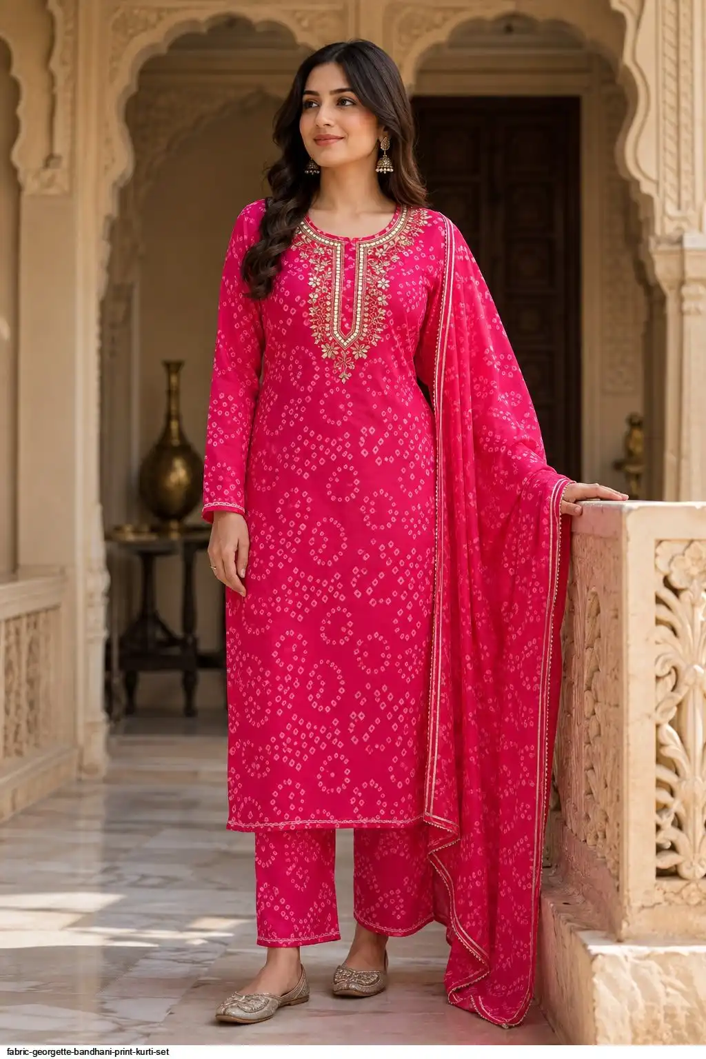 FABRIC GEORGETTE BANDHANI PRINT KURTI SET A