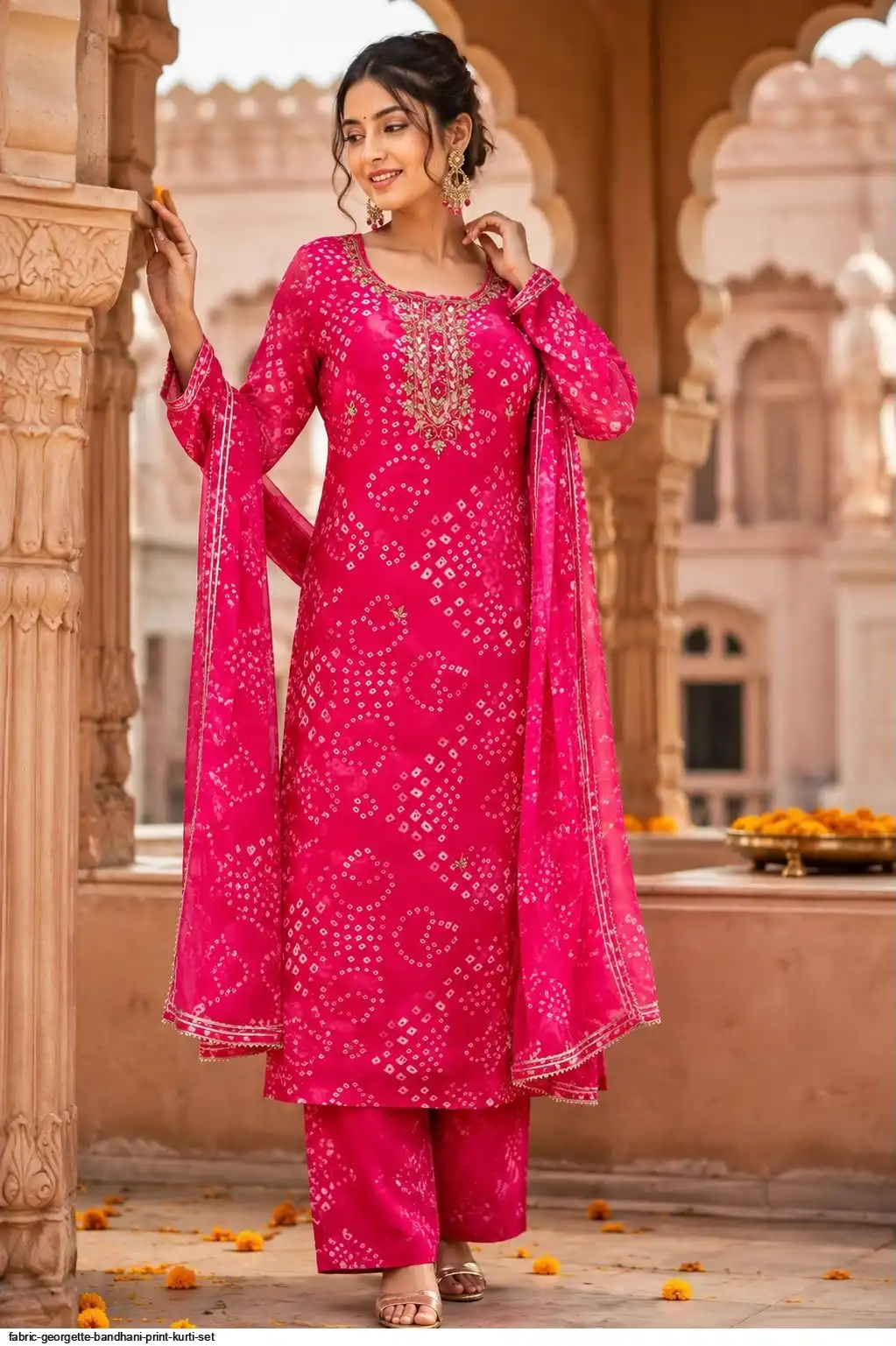 FABRIC GEORGETTE BANDHANI PRINT KURTI SET D