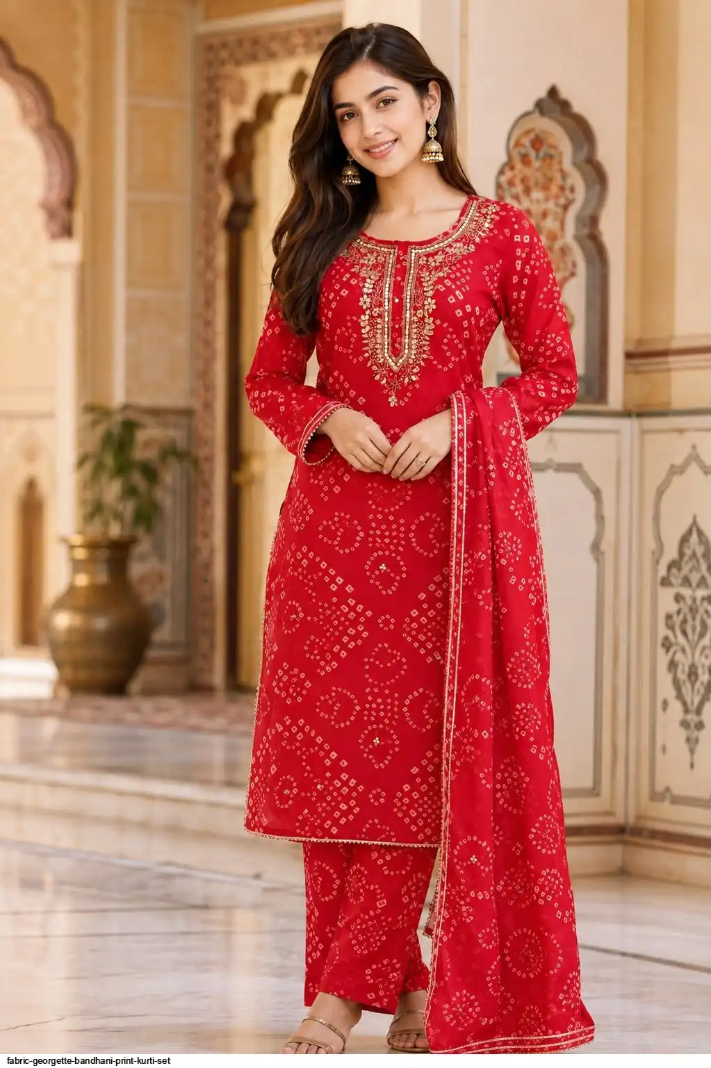 FABRIC GEORGETTE BANDHANI PRINT KURTI SET C