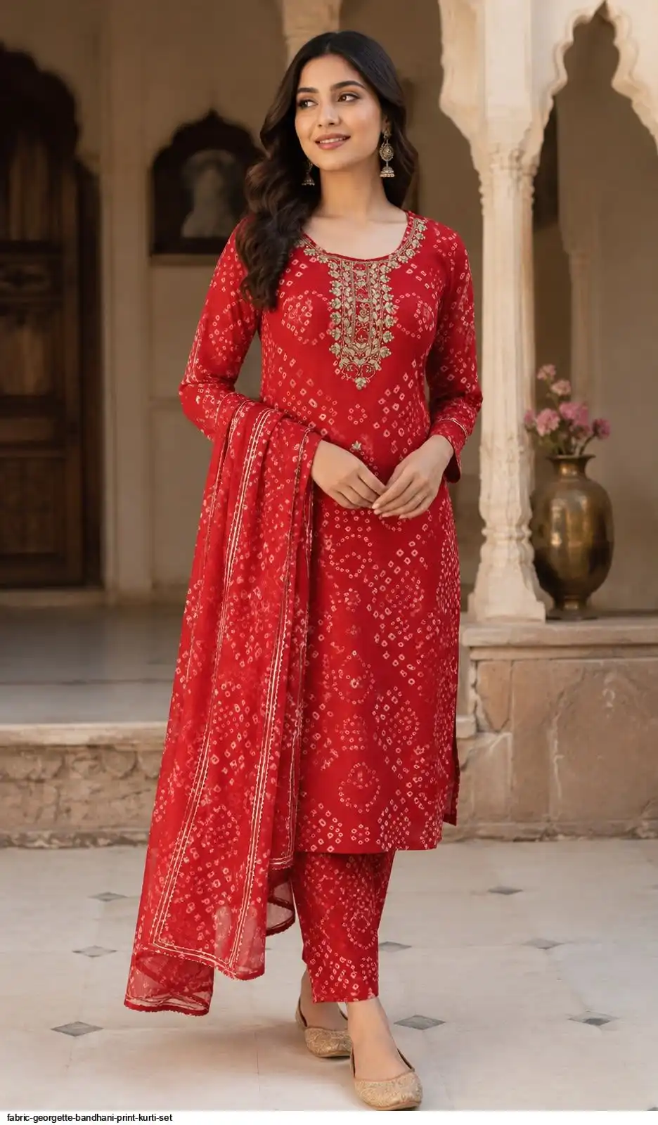 FABRIC GEORGETTE BANDHANI PRINT KURTI SET B
