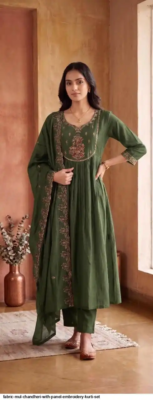 FABRIC MUL CHANDHERI WITH PANEL EMBROIDERY KURTI SET A