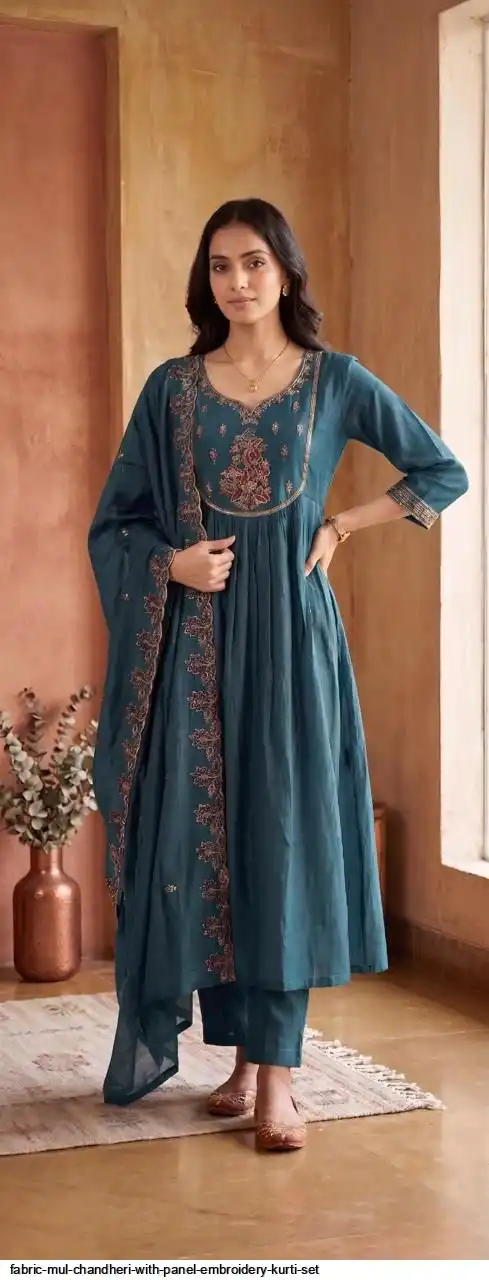 FABRIC MUL CHANDHERI WITH PANEL EMBROIDERY KURTI SET B