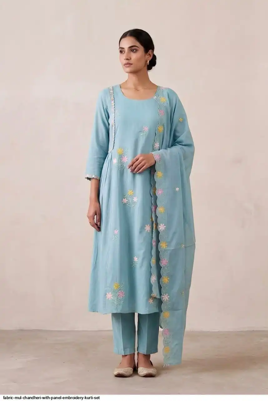 FABRIC MUL CHANDHERI WITH PANEL EMBROIDERY KURTI SET D