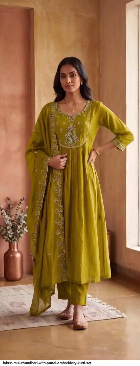 FABRIC MUL CHANDHERI WITH PANEL EMBROIDERY KURTI SET C