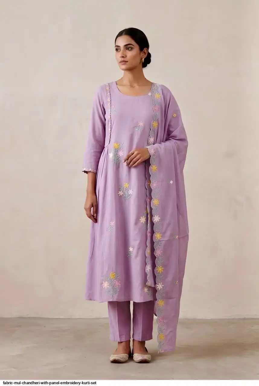 FABRIC MUL CHANDHERI WITH PANEL EMBROIDERY KURTI SET E
