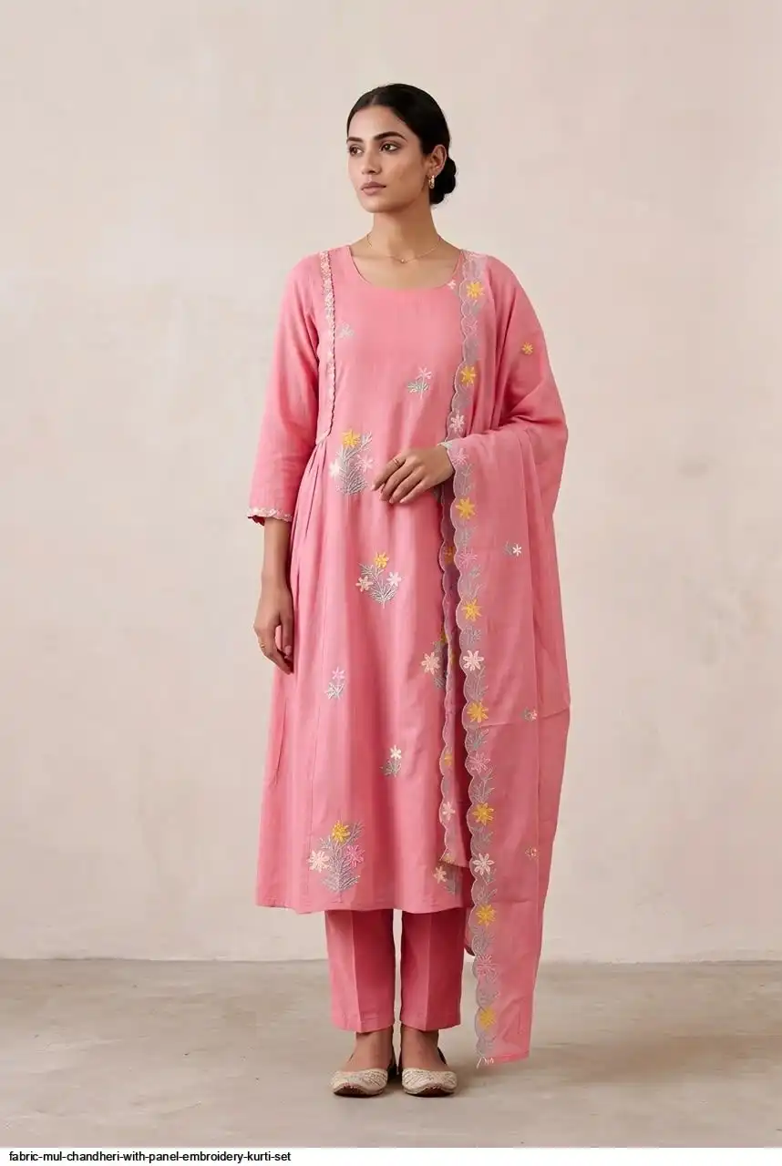 FABRIC MUL CHANDHERI WITH PANEL EMBROIDERY KURTI SET F